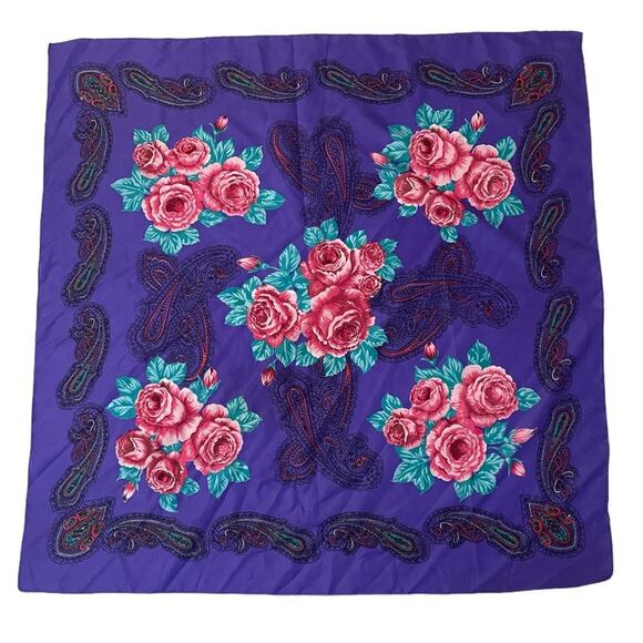 Vintage Accessories - Vintage Floral Paisley Scarf Wrap Womens Colorful Roses Cottage Core Grandma